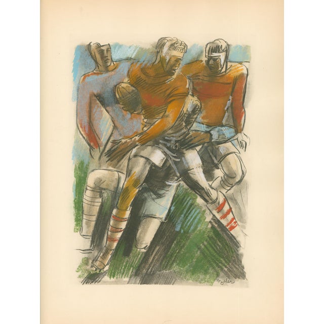 Original 1932 Art Deco sporting print by Milivoj Uzelac depicting a tightly grouped cluster of rugby players in action....
