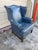 English Ethan Allen Chippendale Style Blue Leather Wingback Armchair With Ottoman For Sale - Image 3 of 11