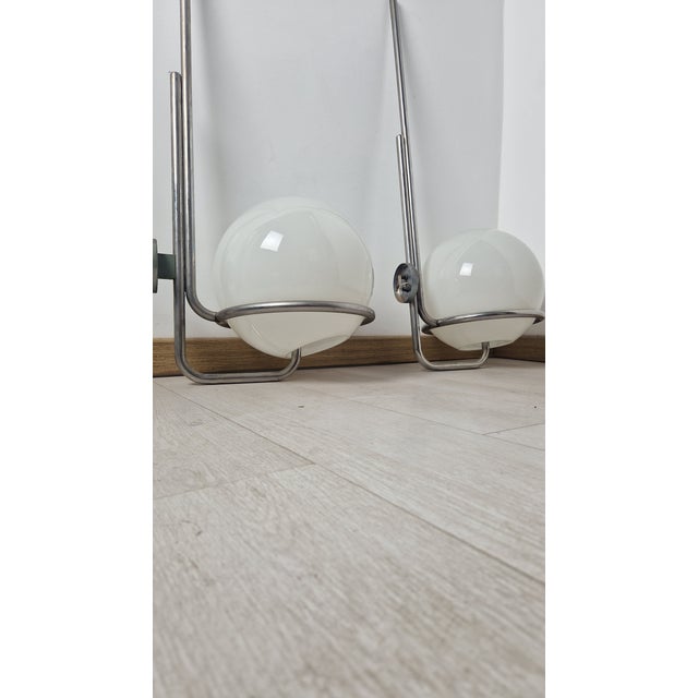 Large Wall Lamps in Burnished Brass with Etched Glass Sphere, 19650s, Set of 2, in Very Good conditions. Designed 1950 to...