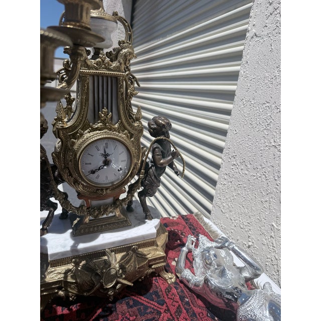 Vintage Imperial Italian-Style Gilt Metal, Marble & Cherub Clock Garniture Set For Sale In Sacramento - Image 6 of 10