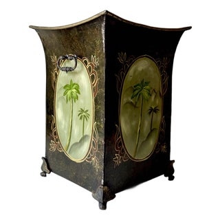 Vintage Hand Painted Palm Tree Wastebasket For Sale