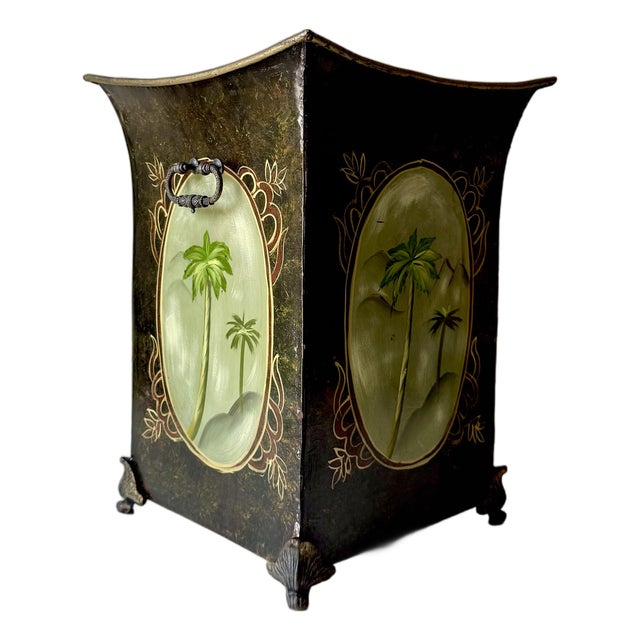 Vintage Hand Painted Palm Tree Wastebasket For Sale