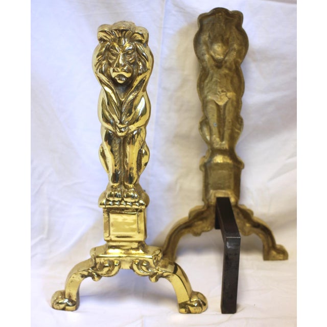 Late 19th Century Late 19th Century Pair of Victorian Renaissance Revival Brass Lion Andirons For Sale - Image 5 of 5