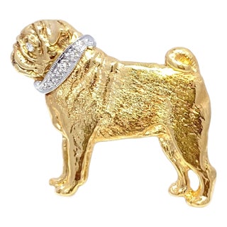 18k Yellow Gold Diamond Studded Pug Dog Brooch For Sale
