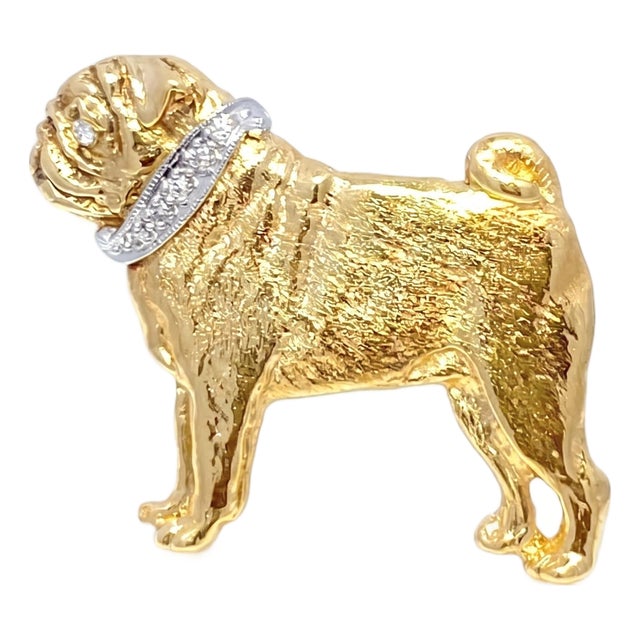 18k Yellow Gold Diamond Studded Pug Dog Brooch For Sale