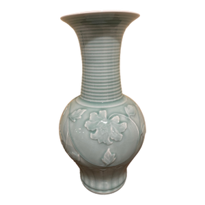 Large Mid-Century Celadon Vase Featuring Embossed Lotus Flowers