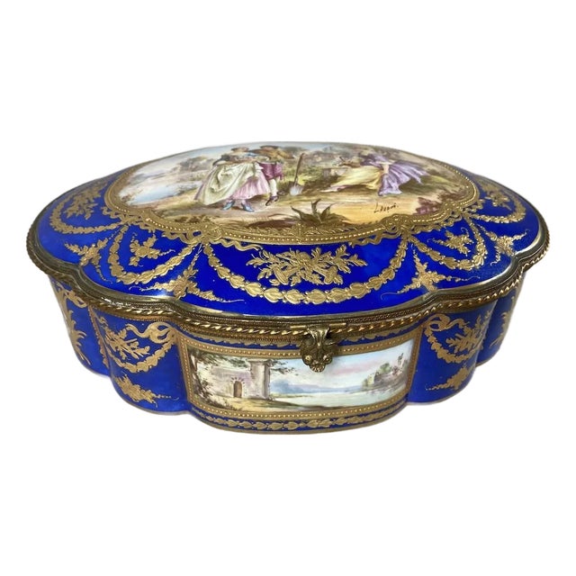 19thC French Sèvres Blue Porcelain Gilt Gallant Scene Box For Sale