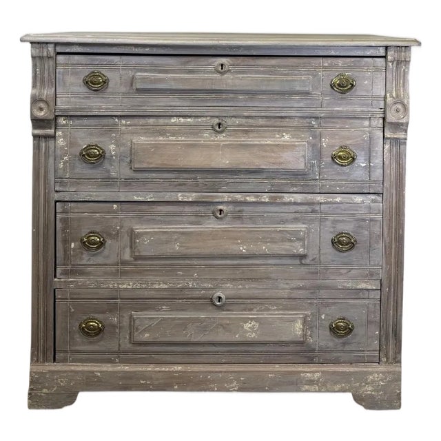 Antique Oak Chest With Timeworn Gray Patina and Brass Pulls For Sale