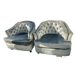 Pair of Vintage Upholstered Tufted Barrel Tub Chairs, 1970s For Sale