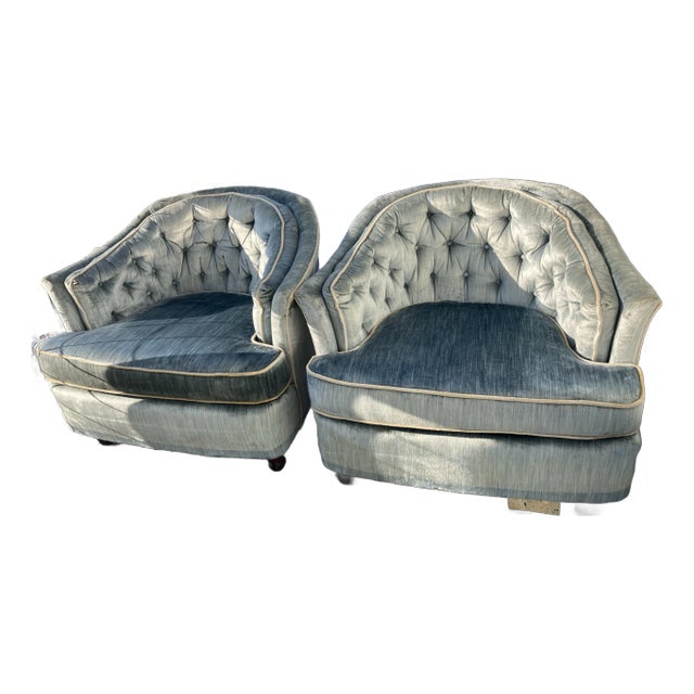 Pair of Vintage Upholstered Tufted Barrel Tub Chairs, 1970s For Sale