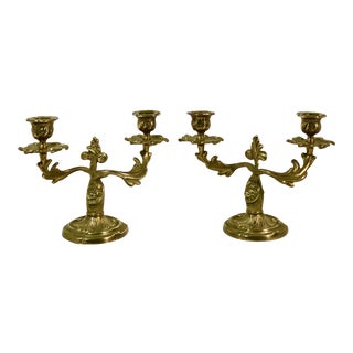 Italian Brass Candelabras Vintage Double Taper Holders - a Pair For Sale