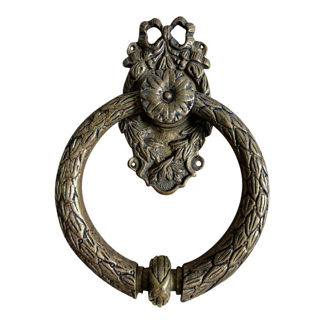 Antique Cast Bronze French Neoclassical Laural Wreath Door Knocker For Sale