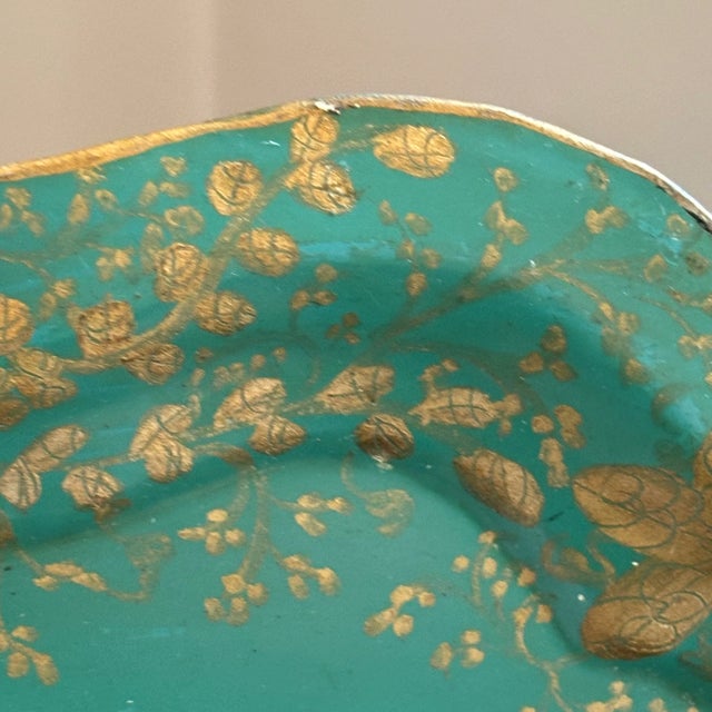 Early-20th Century Hand-Painted Teal & Gold Tole Serving Tray For Sale - Image 12 of 17