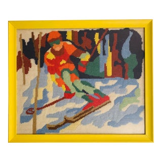 Vintage Mid-Century Framed Skiing & Snow Needlepoint For Sale