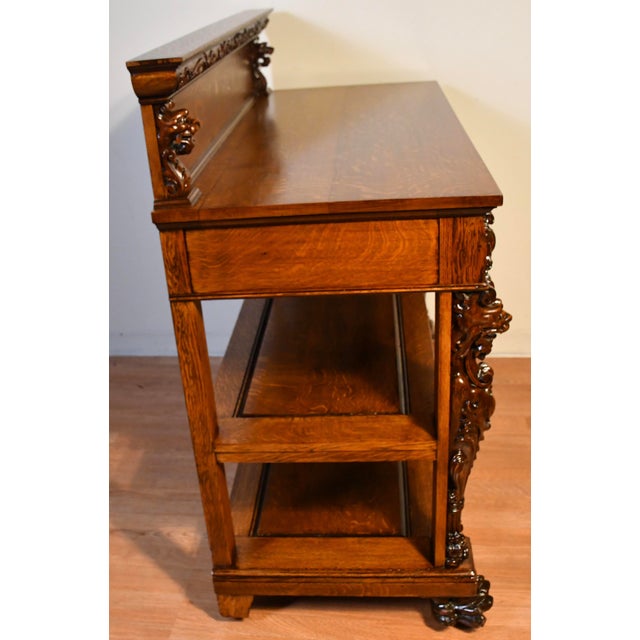 1900 Antique Rj Horner Tiger Oak Carved Griffin Server / Buffet For Sale - Image 12 of 12