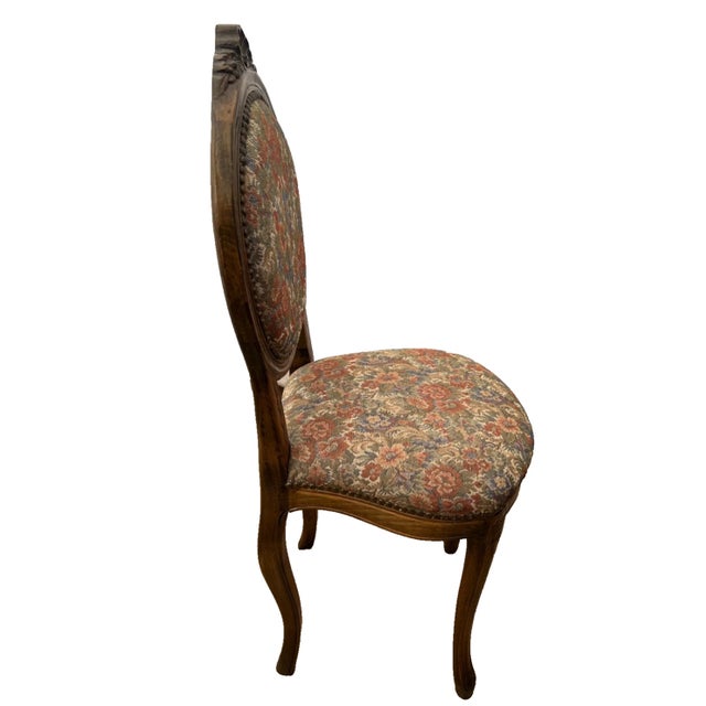 Vintage Accent Chair, Carved Back, Solid Walnut, Flower Embroidery Seat and Back For Sale - Image 4 of 11