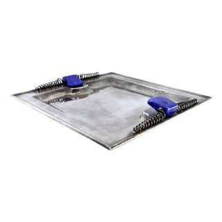 Square Silver Tray with Lapis Lazuli Stones For Sale
