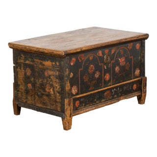 19th Century Hand Painted Blue Flat Top Trunk, Hungary For Sale