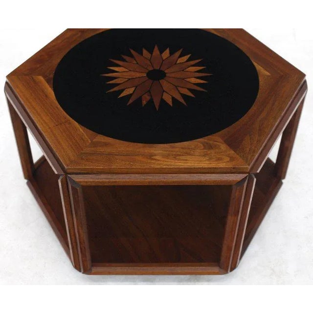 Mid 20th Century Mid-Century Modern Brown Saltman Hexagonal End Table With Sunburst Inlay For Sale - Image 5 of 11