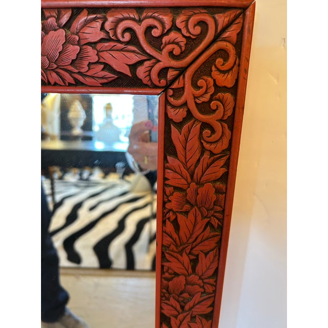 Rare Cinnabar Carved Wood Rectangular Chinese Mirror With Birds For Sale - Image 10 of 12