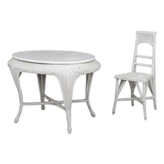 Vintage White Wicker Dressing Table and Chair For Sale