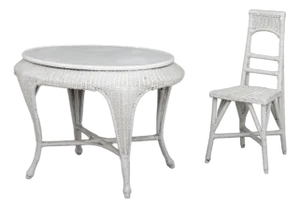 Vintage White Wicker Dressing Table and Chair