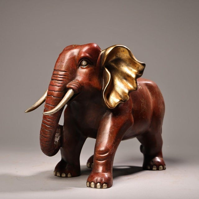 Vintage Red Copper Gilt Elephant Sculpture - Asian Auspicious Statue With Inscriptions For Sale - Image 4 of 10
