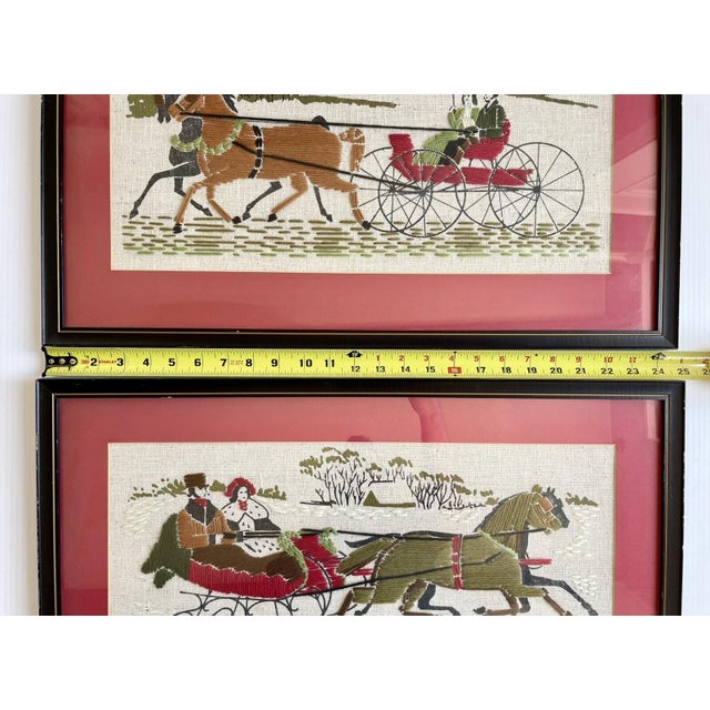 Pair of 1960s Framed Handmade Crewel Embroidery, Horses With Sleigh & Carriage For Sale - Image 15 of 18