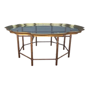 Vintage Cocktail Table With Brass Rimmed, Scalloped Glass and Bronze-Tone Metal Base