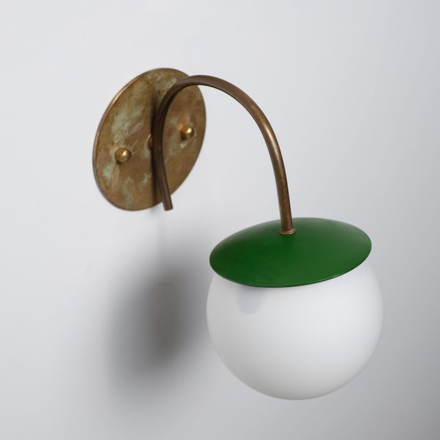 Vintage Italian Brass Wall Lamps with Green Details and Opaline Globes, 1950s, Set of 2 For Sale - Image 11 of 15