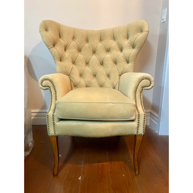 Tufted Wingback Chair in Italian Suede With French Nailheads For Sale - Image 11 of 11
