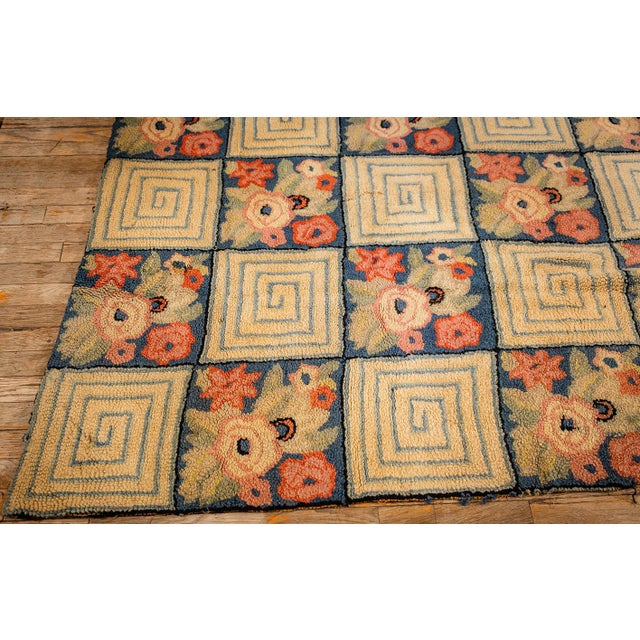 1880s Rustic Blue Ground Modern Geometric Folk Art Antique American Hooked Rug For Sale In New York - Image 6 of 9