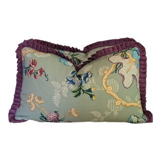Brunschwig & Fils Fabriano Jade Lumbar Pillows With Purple Pleated Ruffle- Pair For Sale