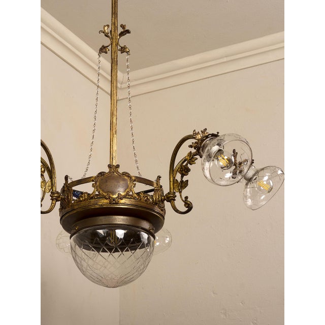 Gold Vintage Art Nouveau Chandelier in Brass and Cut Glass, Italy, 1920s For Sale - Image 8 of 14