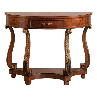 Italian Walnut Burl Console Table With Gold Leaf Accents For Sale