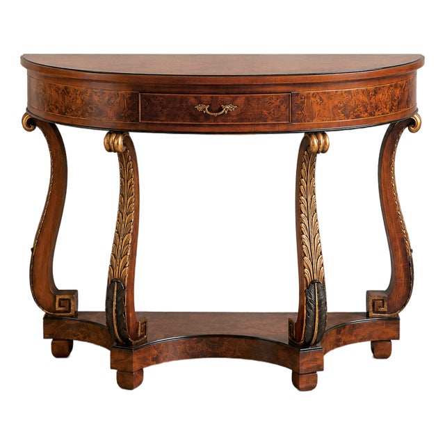 Italian Walnut Burl Console Table With Gold Leaf Accents For Sale