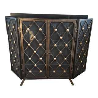 Folding Antique Brass Finish Fireplace Screen For Sale