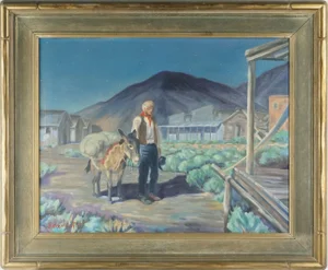 Early 20th Century "The Prospector at Dusk" Donkey with Landscape Oil Painting by George Sanders Bickerstaff, Framed