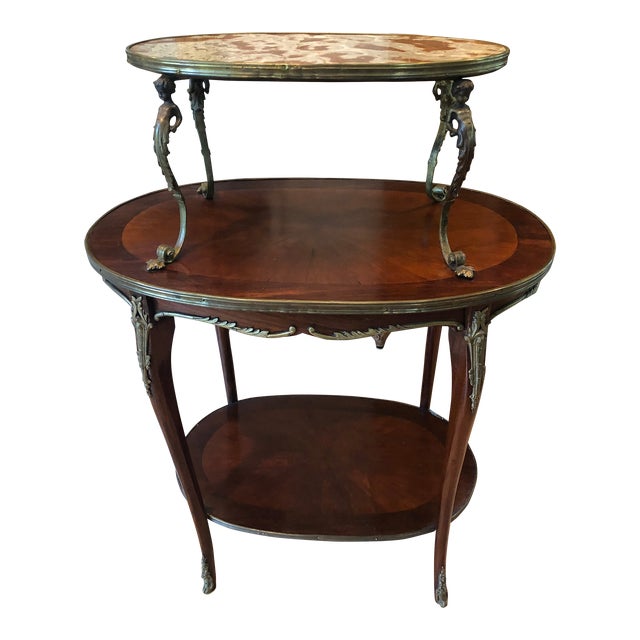 French Style 3-Tier Marble Top Mahogany Accent Table For Sale