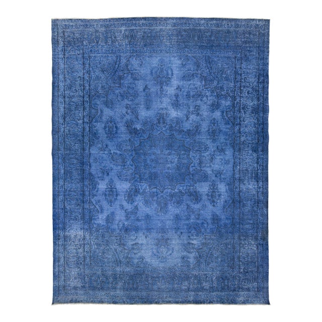 10x13 Vintage Overdyed Persian Wool Rug - Electric Blue Medallion Hand-Knotted For Sale