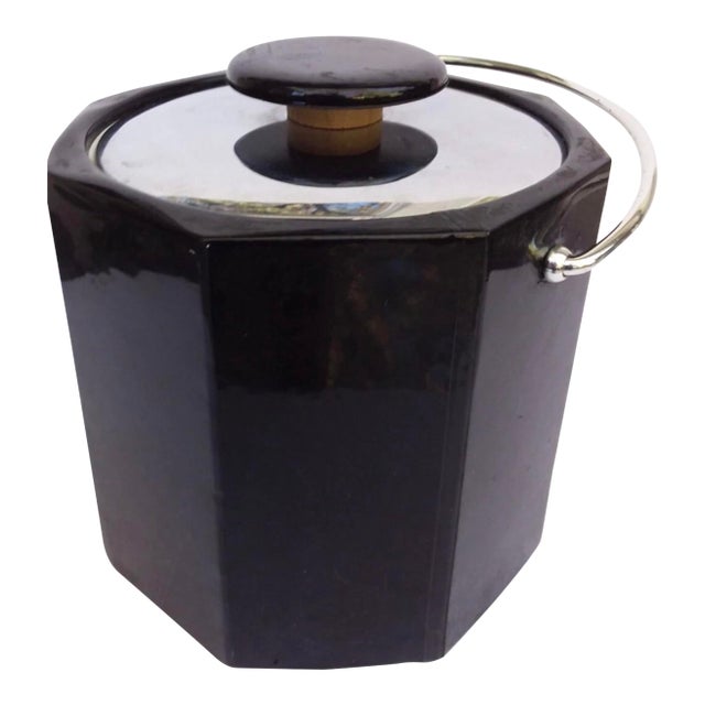 Vintage Octagonal Ice Bucket Covered With Black Vegan Leather For Sale