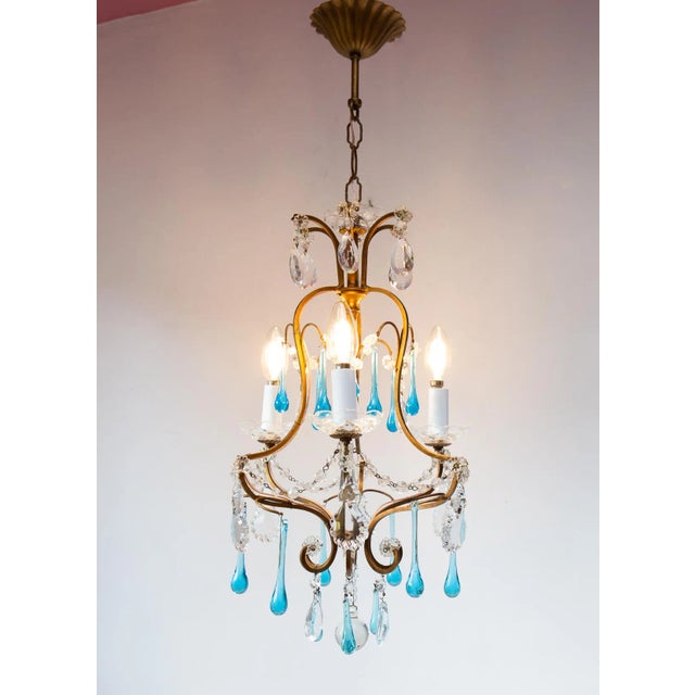 Metal Vintage Italian Chandelier with Blue Glass Droplets, 1950s For Sale - Image 7 of 9