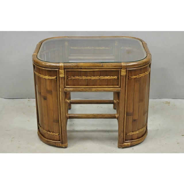 Vintage Hollywood Regency Bentwood Rattan Glass Top Beach House Side Table. Circa Mid 20th Century. Measurements: 20.5" H...