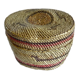 Vintage Handwoven Striped Storage Basket For Sale