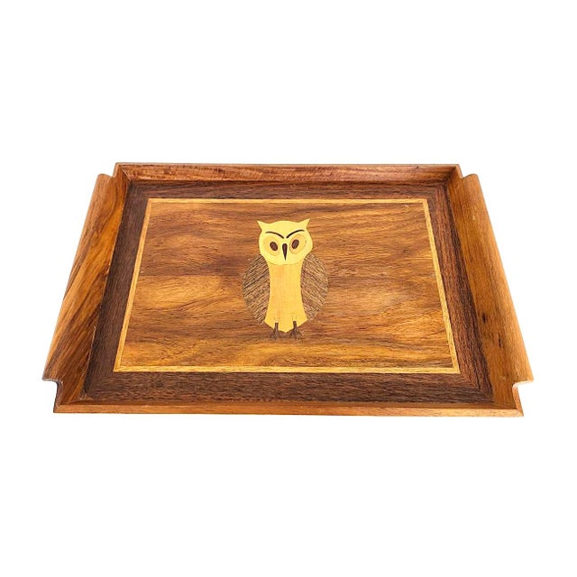 1960s Vintage Inlaid Wood Serving Tray – Handcrafted Marquetry Owl Motif For Sale - Image 5 of 11