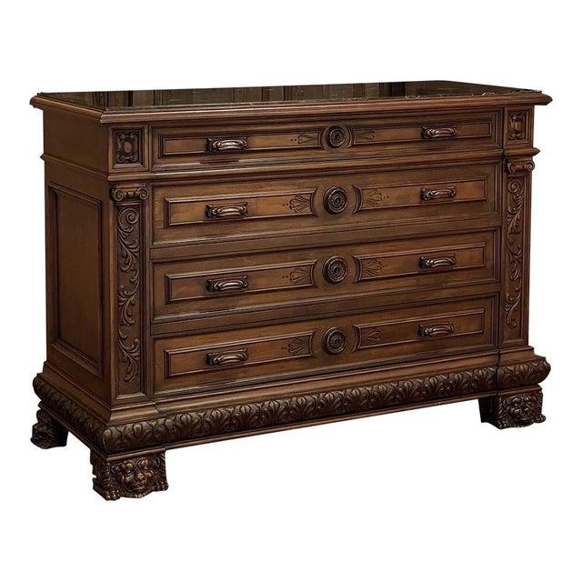 Traditional Antique Italian Renaissance Revival Walnut Nero Portoro Marble Top Commode For Sale - Image 3 of 18
