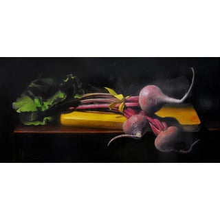 Beets - Locally Grown by Marsha Whitesides Piper | Oil on panel Still life of beets and greens. For Sale