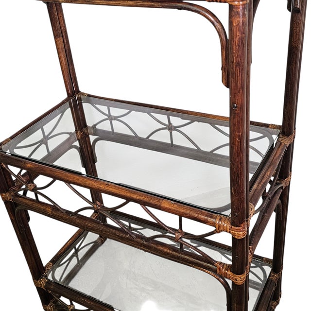 Wood Vintage Bamboo Style Wicker and Glass Etagere Bookcase Display Shelf For Sale - Image 7 of 12