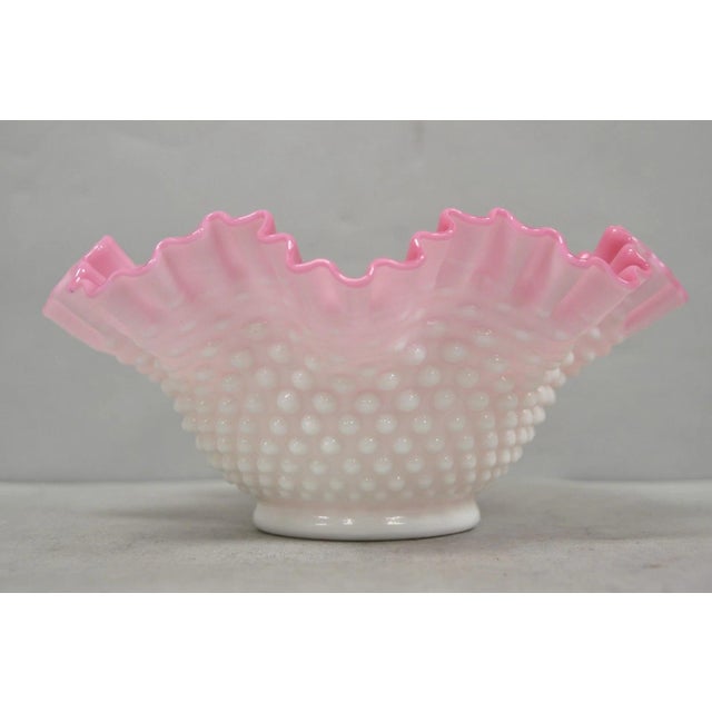 Vintage Pink & White Hobnail Cased Glass Candy Dish Ruffled Bowl Brides Basket For Sale - Image 10 of 12
