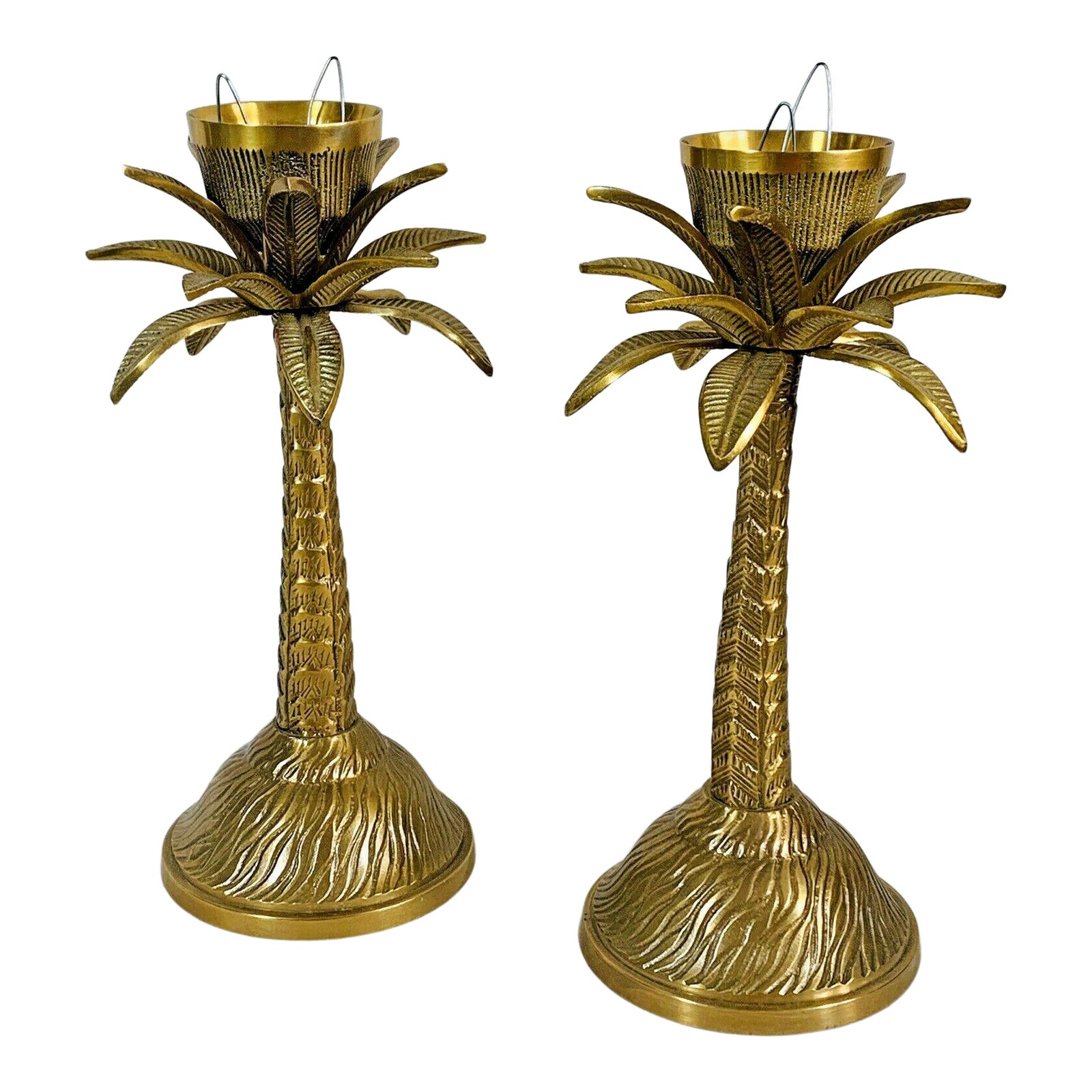 1990s Brass Tropical Palm Trees Candlesticks Candle Holders a Pair